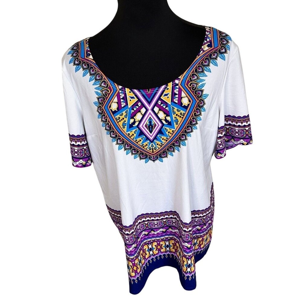 Anthony Womens White & Purple Tunic Top Shirt Blouse Large Stretchy Mandala